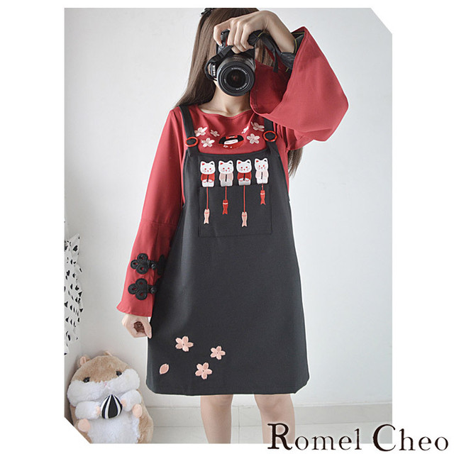 Romelcheo 刺繍エプロンワンピース チャイナ風 サロペット 和風 スカート 和柄 レディース チャイナシャツ 和服 長袖 ファッション アジアン エスニック レトロ ガーリー かわいい ロメルチェオ Romelcheo