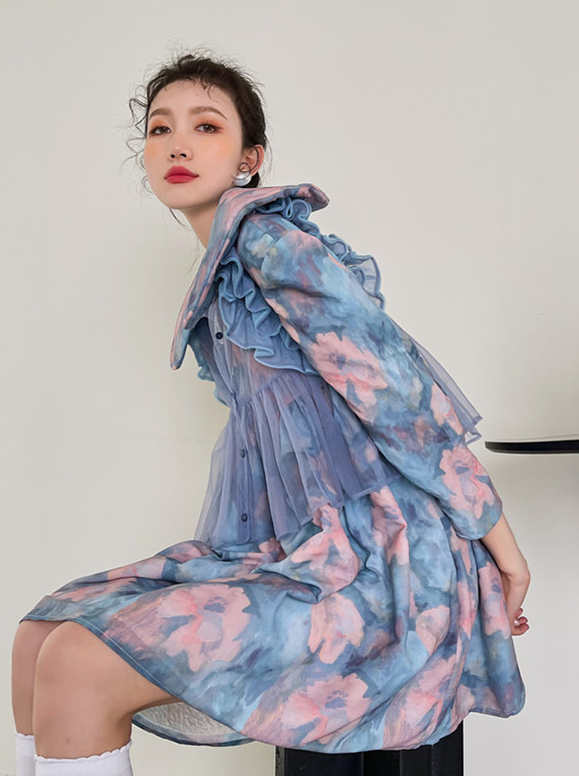 Top Mode ワンピース ミニ丈 フラワーデザイン 個性的 ブルー 青 Sweet ヴィジュアル系 ライブ 舞台 ゴシック ステージ 衣装 体型カバー 個性派 春物 カジュアル 普段使い ふんわり 春 秋 Lon242 Top Mode