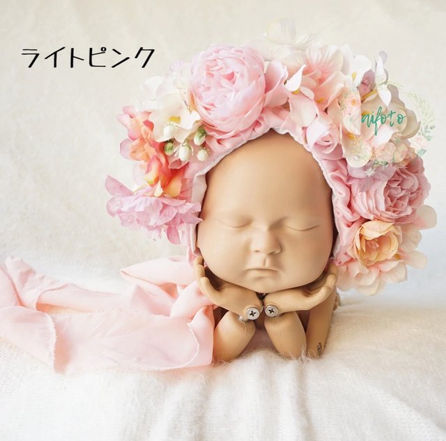ニューボーンフォト Newborn Photo にも フラワーボンネット ヘッドドレス 帽子 ボンネット 花 ベビー 赤ちゃん 手作り ハンドメイド 衣装 記念撮影 写真映え フォトプロップス 結婚式 ウェディング 花かんむり 花冠 ナチュラル ヴィンテージ Maokico ベビー服とママ