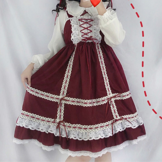 Lolita Jsk Dress ロリータドレス キャミワンピース ロリィタ 日常用 お茶会 撮影 Cosplay イベント 春夏秋 ロリ ワインレッド ブラック Mintcat