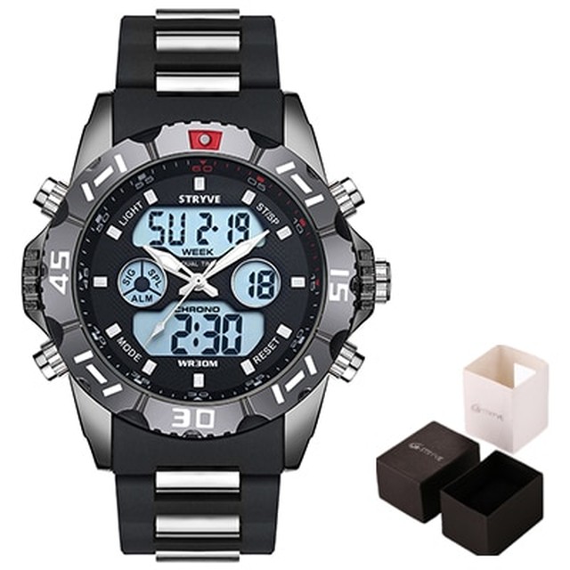 Stryveメンズミリタリーウォッチ防水腕時計ledクォーツ時計デュアルディスプレイウォッチ男性レロジオmasculino 8010スポーツウォッチ男性 Black With Box Braverybase