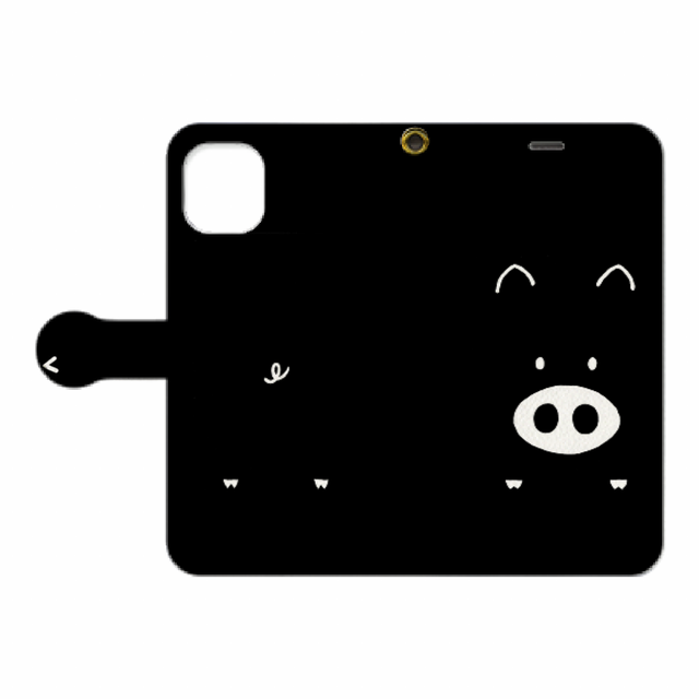 送料無料 絵本ぶひオリジナルキャラクターiphone 11手帳型スマホケース 黒 かわいい 癒し 幸運 幸運のブタ ラッキーアイテム いつも一緒 ウインク おしゃれ 微笑み 大切なパートナーに かわいい絵本 グッズのnagaitoshi