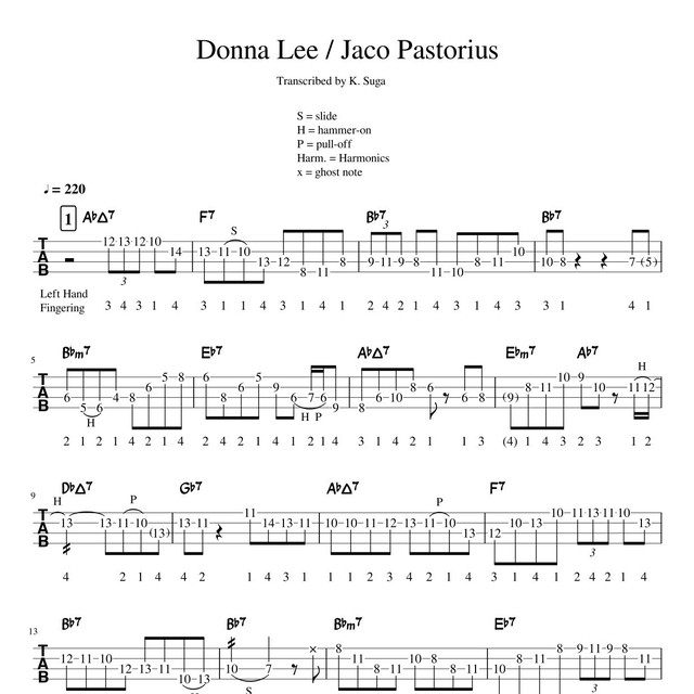 Donna Lee Jaco Pastorius ベース Tab 譜 Electric Bass Online