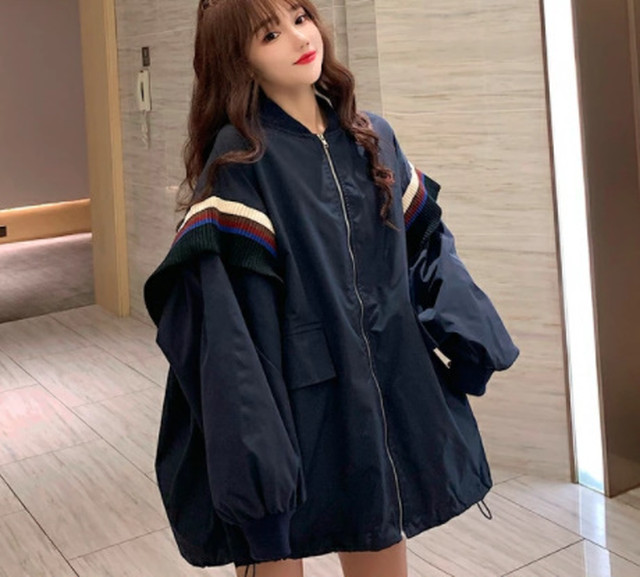 Top Mode アウター ジャケット ニット ボーダー ボリューム スタジャン スタジアム ジャンパー ブルゾン アウター レディース ビッグシルエット 個性的 ストリート系 スポーツミックス レトロ ラフ ゆったり お呼ばれ ネイビー カーキ ニッチ Bitter シンプル 映え