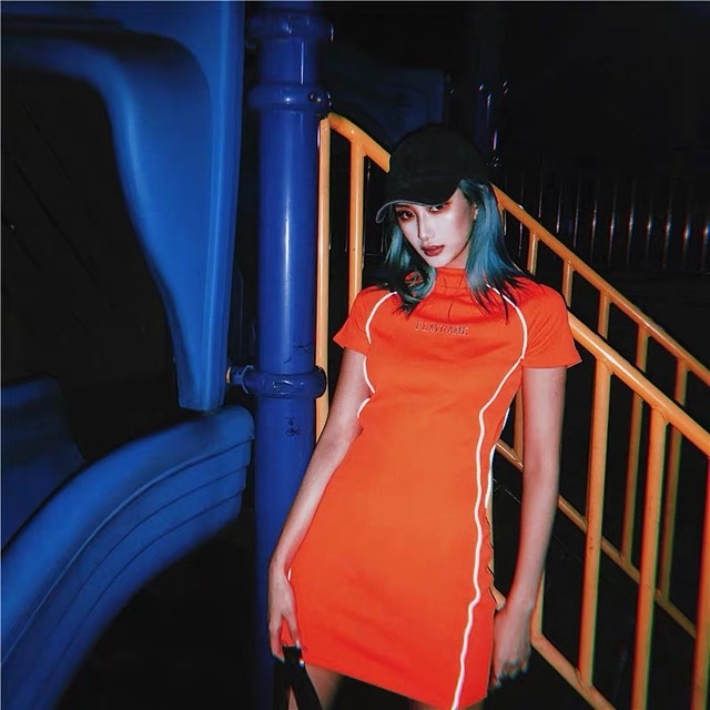 【即納】side line orange dress