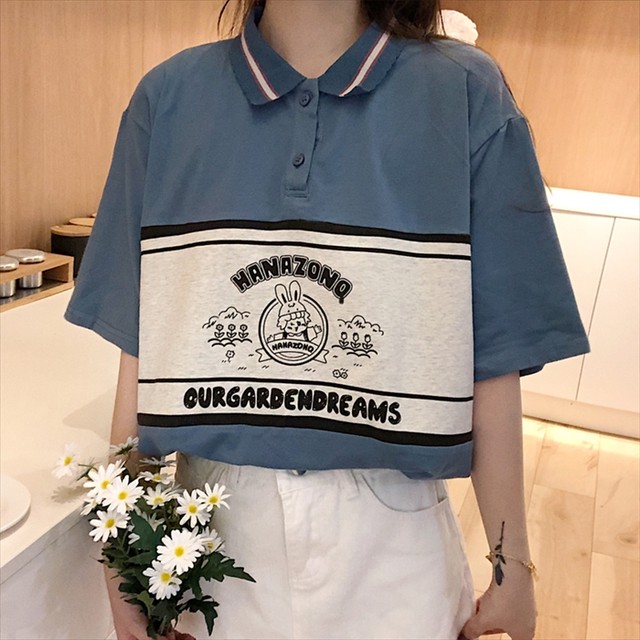 くすみカラー レトロ 半袖 ポロシャツ トップス 襟付き Tシャツ カットソー 可愛い レディース イラスト 体型カバー レトロ 華奢見え ドロップショルダー 取寄 発送目安14 21日営業日 Laff Store 会社情報 納期の確認をお願いします