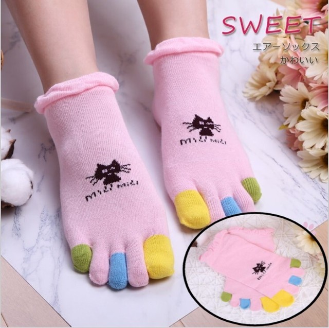 4色セット カラフル 5本指 ショート ソックス スニーカー ソックス ファイブフィンガー 靴下 レッグウェア 猫 無地 カジュアル レディース Set Hummingf