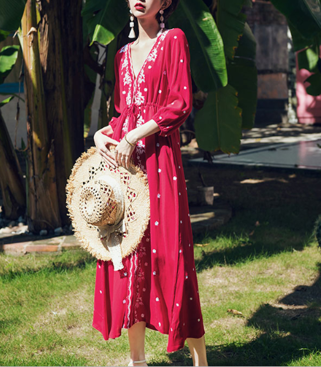 刺繍 ガウン シャツ ワンピース ロング ワンピ 長袖 夏 赤 レッド 黒 ブラック 水色 おしゃれ 大人可愛い かわいい デート リゾート 韓国 韓国ファッション オルチャン オルチャンファッション K211 Korean Select 韓国ファッション オルチャンファッション