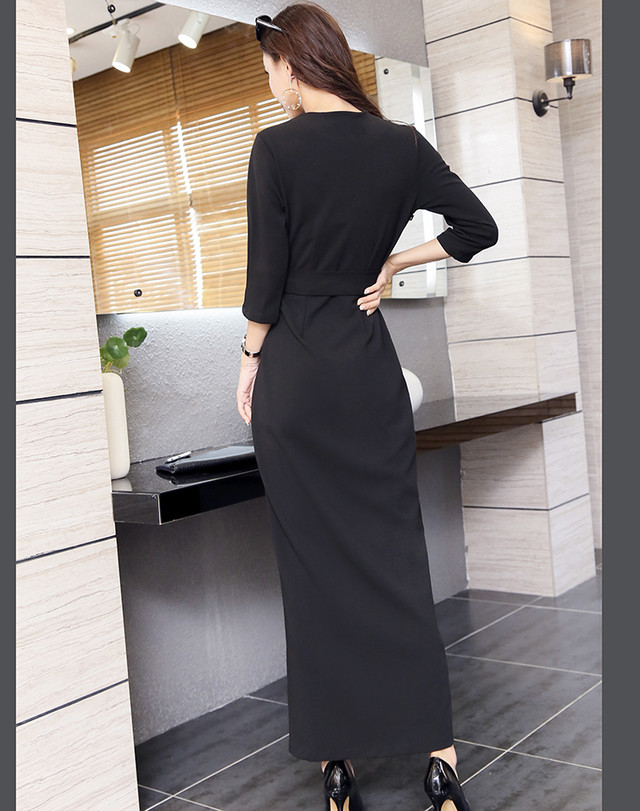 ロングワンピース 長袖 Vネック ウエストマーク スリット タイト ブラック 無地 セクシー 結婚式 二次会 パーティー シック Fsk1297 Alice Mode アリスモード