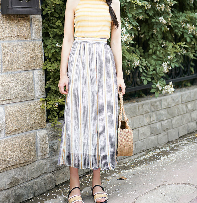 夏 ストライプ シフォン ワイドパンツ ゆったり レディース ブルー