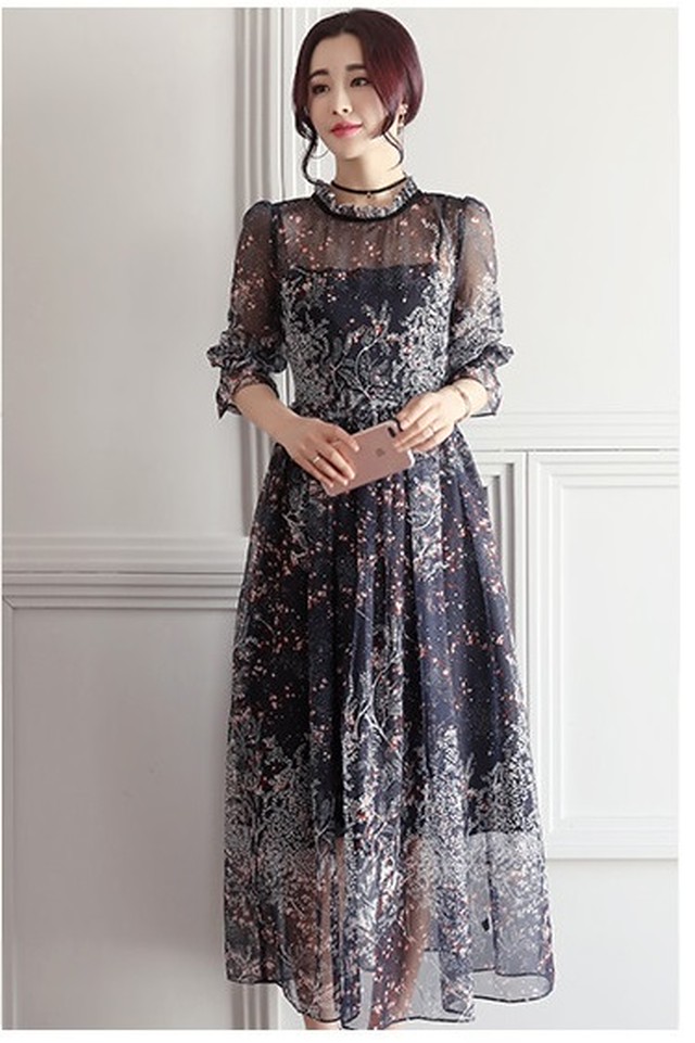 Drsb V0038 マキシ丈 ワンピース 花柄 シフォン ワンピース 長袖 結婚式 ドレス お呼ばれ ワンピース 袖あり パーティードレス 二次会 代 黒 19新作ドレス Onlythebestオンリーザベスト