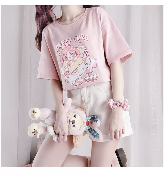 Top Mode トップス Tシャツ ピンク スウィート ラフ ルーズ オーバーサイズ 半袖 ナース 女の子 うさぎ ケーキ ゆるかわ 病みかわいい ゆめかわいい ラブリー キュート 夏 普段使い Z107 Top Mode