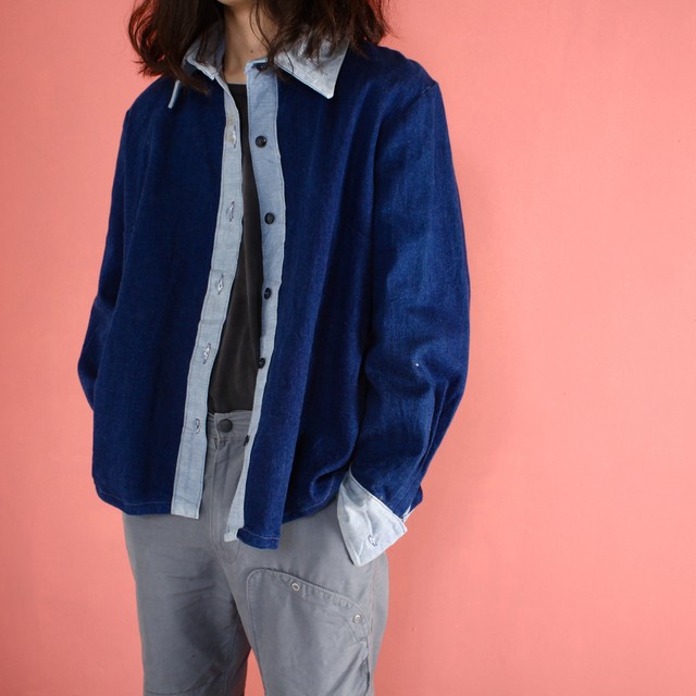 0476 Stretch Denim Jacket ブルー デニム シャツジャケット 古着 Peecan