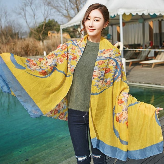 薄手大判ストール 花柄イエロー色 サイズ90 180 春物アイテム Summit Plan
