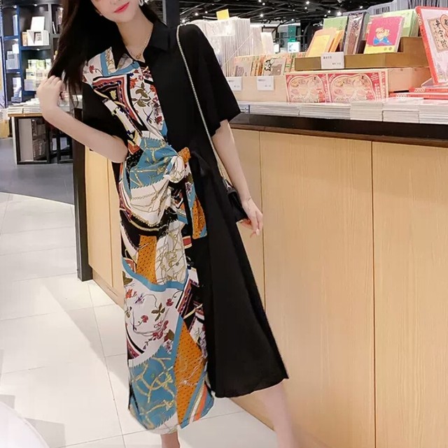 襟つき ロング丈 ワンピース バイカラー アシンメトリー 柄 大人 可愛い キレイめ エレガント お呼ばれ お出かけ お買い物 デート 女子会 通勤 通学 学生 秋 冬 Like Fashion