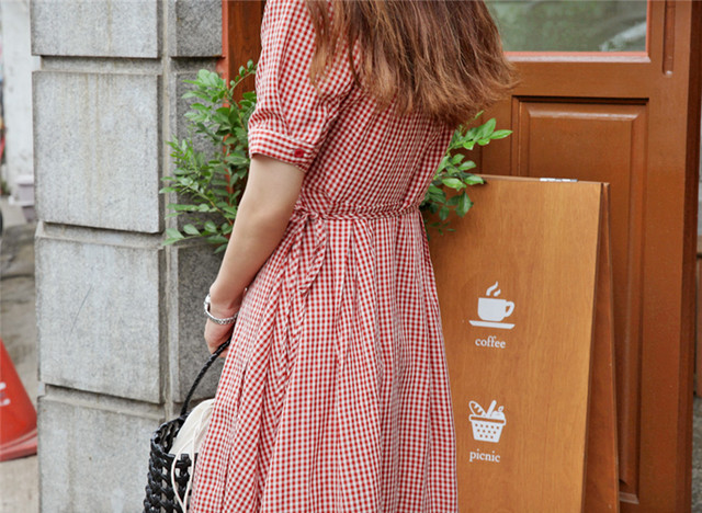 ギンガムチェック柄 カシュクール 半袖 フレア ひざ下丈 ミディワンピース 赤 S M L Xl 6840 オフィスカジュアルとガーリーワンピース ブラウスのmeow24h ミャオトゥエンティフォーエイチ