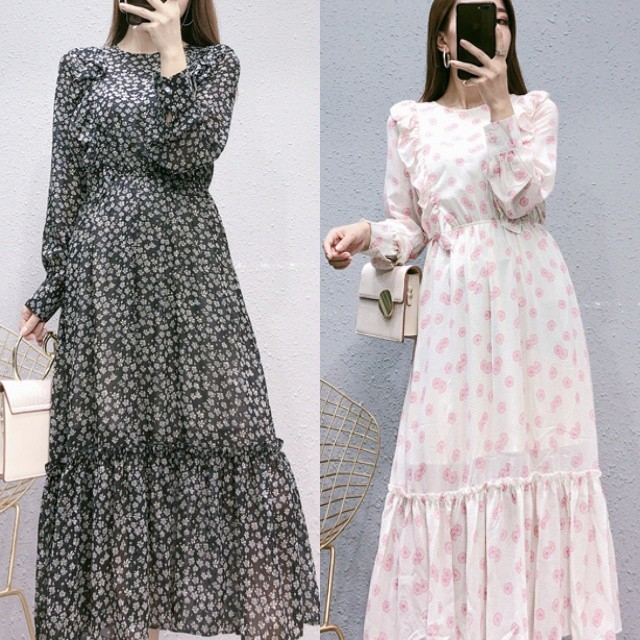 ワンピース レディース 長袖ワンピース 花柄ワンピース ハイウエスト フェミニン 大人可愛い きれいめ Happy Toon
