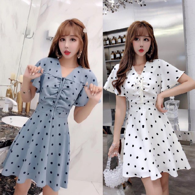 レディース ワンピース 半袖 ミニ丈 フレア ドット柄 水玉 くびれデザイン 大人可愛い デート Ncho