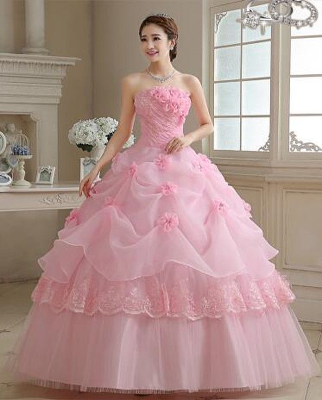 高品質 カラードレス 薄ピンク ソフトチュール ベアトップ 花モチーフ 憧れのドレス エレガント クラシカル シアーな美しさ Ynswedding23