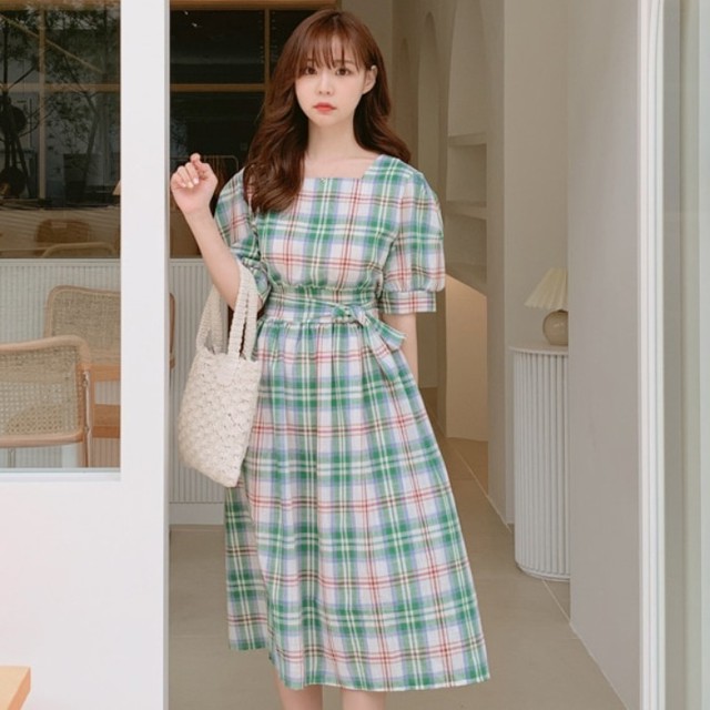 スクエアカラーチェックワンピース チェック柄 ランタンスリーブ 半袖 スクエアカラー フェミニン 通勤 デート お呼ばれ Mh1757 Valentina210