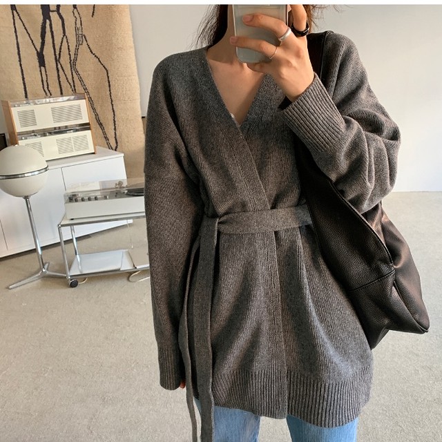 ガウン カーディガン 冬 レディース 韓国 ファッション 冬服 レディース ウエストマーク トッパーカーデガン 羽織り ニットカーディガン ミドル丈 ゆったり オーバーサイズ ニット カーデ トップス グレー ベージュ Vestito