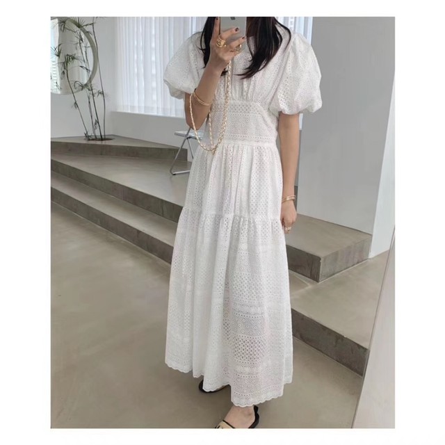 パフスリーブ透かし編みデザインワンピース ホワイト すもものまち