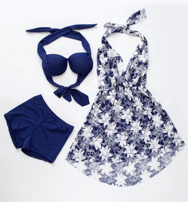 水着 レディース 体型カバー ホルターネック ショートパンツ ママ水着 ワンピース付き ３点セット ひざ丈 ワンピース 花柄 M L Xl ブラック レッド ブルー Hi0744 Bouquet
