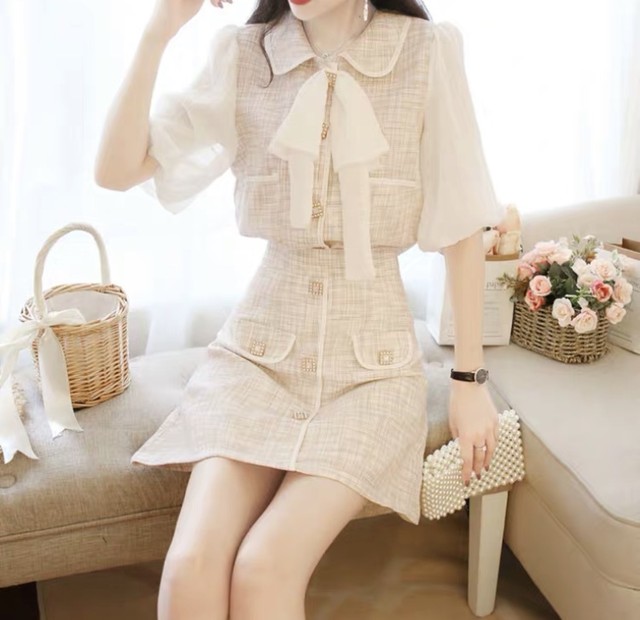 レディースファッション ミニワンピース 清楚 Ol風 新作 ツイード柄 オールシーズン More Lluze モア ルーゼ