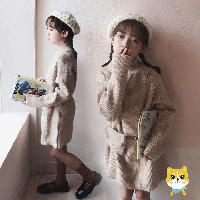 ワンピース ニットワンピ 長袖 ハーフハイネック チュニック ウエストポーチ ベルト ベージュ 秋 冬 子供 キッズ こども服 女の子 女児 Syk315 Berceau Select Shop ベルソー セレクトショップ キッズ 親子ペアetc