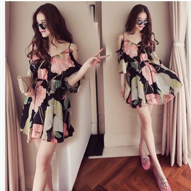 大人カジュアル レディース 春服 花柄 ミニ丈 シフォンワンピース ミニワンピース リゾートドレス リゾートワンピース チュニック フレア Basecamp49