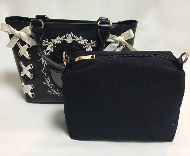 痛バッグ ゆめかわ レザー 編み上げ レースアップリボン トートバッグ 黒 ブラック M Crew