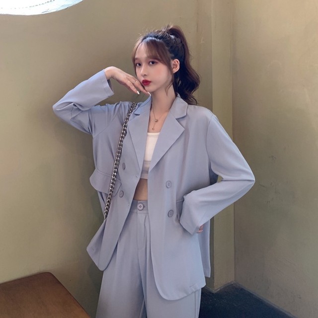 カジュアルスーツ セットアップ 2ピース ルーズシルエット 無地 ジャケット ワイドパンツ ホワイト ブルー パープル ブラック 大人カジュアル メンズライク オルチャン 韓国 オルチャンファッション 韓国ファッション P13 Korean Select 韓国ファッション オルチャン