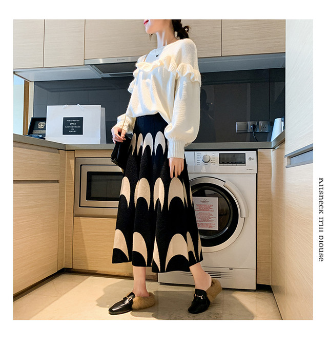 スカート ミドル丈 ハイウエスト ニット モノクロ ブラック デート オシャレ お買い物 お出かけ カジュアル お呼ばれ 韓国 韓国ファッション オルチャン オルチャンファッション P1173 Korean Select 韓国ファッション オルチャンファッション