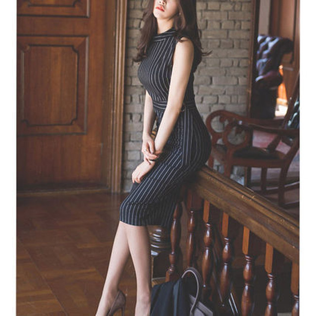 シック 上品 ストライプ タイト ワンピース ハンギング スリーブ ジャケット セットアップ Dressarroser