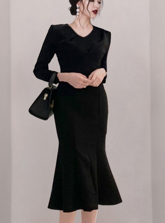 Vネック シンプル マーメイドライン ワンピース 茶 黒 膝丈 上品 Ol 通勤 Garage Diva 106