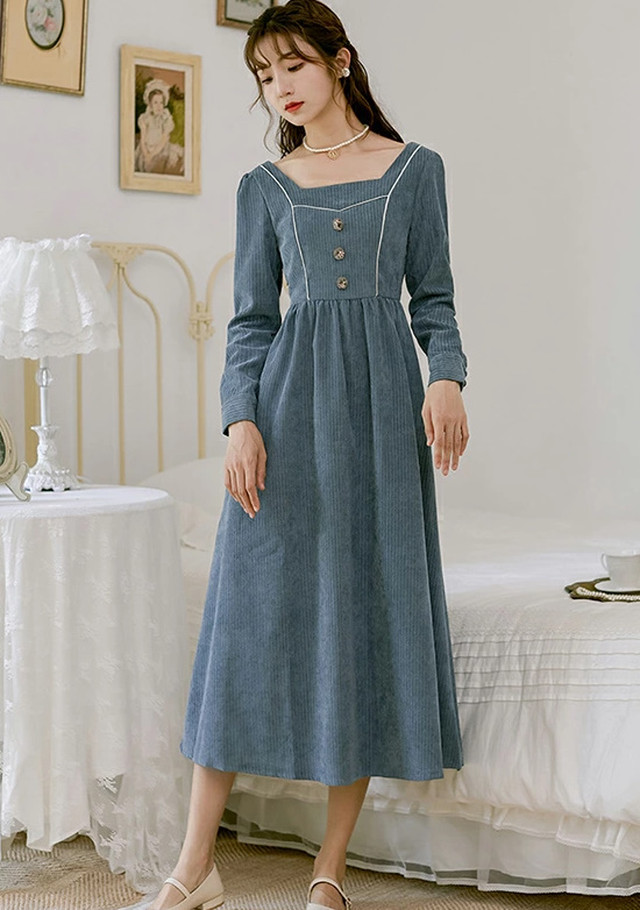 Top Mode ワンピース ロング丈 長袖 スクエアネック 飾りボタン シンプル クラシカルな雰囲気 エレガント シンプルデザイン シンプル レディース 個性的 おしゃれ シック トレンド クール モダン カジュアル ワイルド モード系 Cool ブルー 青 El 0154 Top Mode