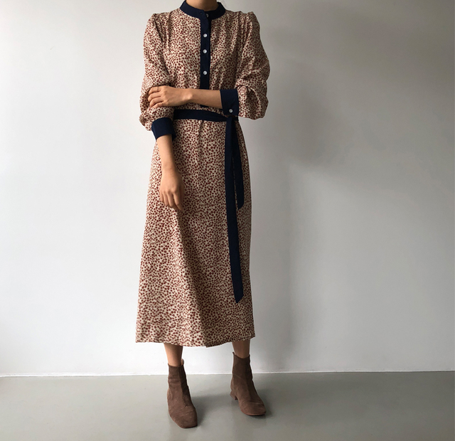 ワンピース ロング丈 ロングワンピース 長袖 レオパード柄 レトロ 大人かわいい 春夏 Takezo4649