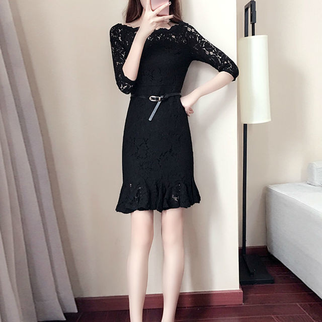 オフショルダー 総レース フィッシュテール マーメイドスカート 七分丈 腰ベルト フォーマルワンピース レディース フォーマル 結婚式 お呼ばれ ドレス 代 30代 二次会 ワンピース パーティー ドレス Aeka Clothet Partydress