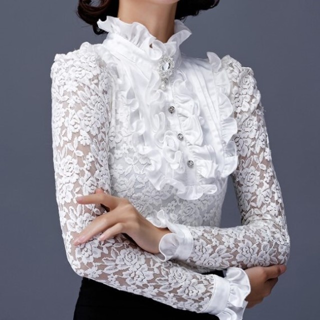 レディース トップス ブラウス スタンドカラー フリル襟 長袖 無地 レース 大人可愛い お出かけ デート パーティ 秋 ホワイト ブラック レッド Virtue
