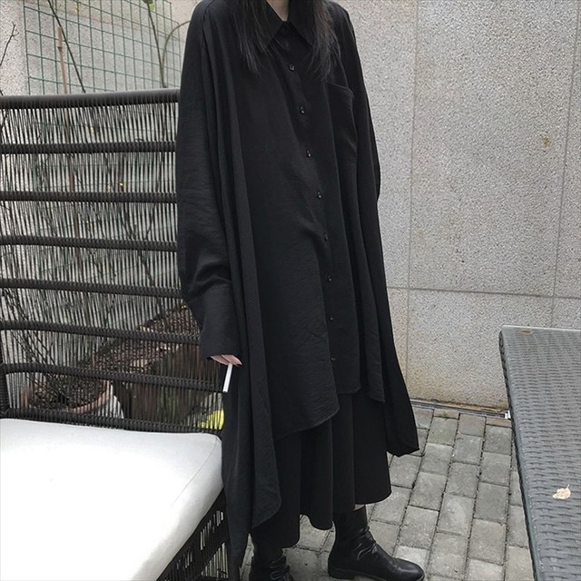 ゴスロリ ワンピース シャツワンピ アシンメトリー ロング丈 長袖 レイヤー風 ブラック 病みかわいい ゴシック系 ビジュアル系 モード系 フェス 天使と悪魔 サブカル系ファッション Seasonz