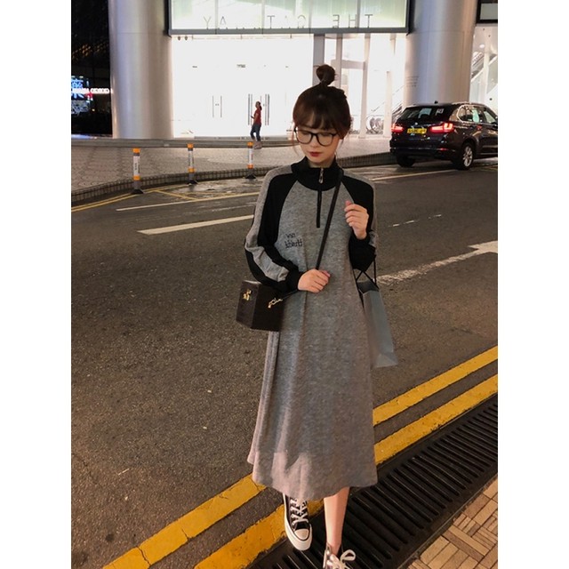 マタニティ ワンピース 春 秋 ボーイッシュ 普段着 長袖 ロング グレー マタニティーワンピース専門店 Ninpuku