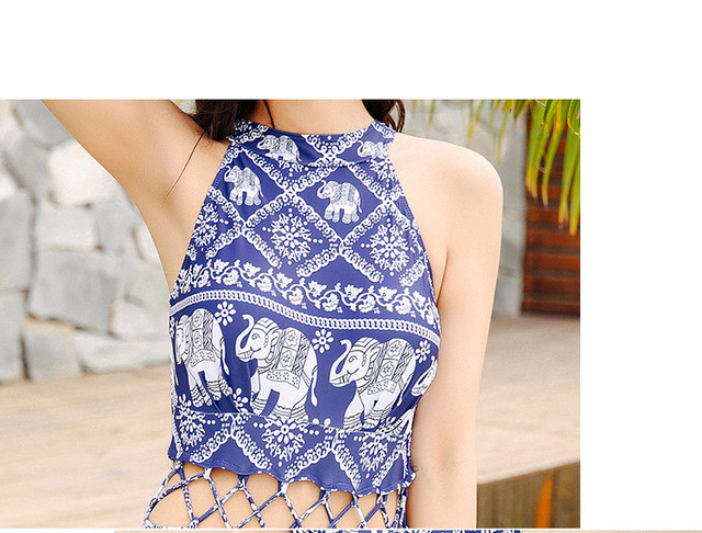 送料無料 レトロ 幾何学模様 ネイティブ柄 ウエストメッシュ ホルターネックワンピース水着 ブルー 選べるサイズ M L Xl Xxl かわいい 水着 In 海外旅行