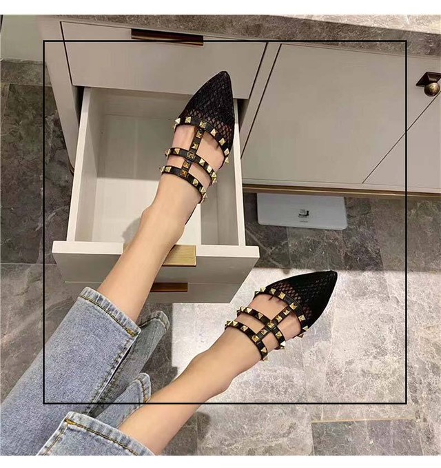 パンプス メッシュ スタッズ ローヒール とんがり ポインテッドトゥ サンダル ミュール つっかけ かかとなしパンプス ブラック ベージュ カジュアル 綺麗目 大人可愛い 春 夏 秋 Southisland