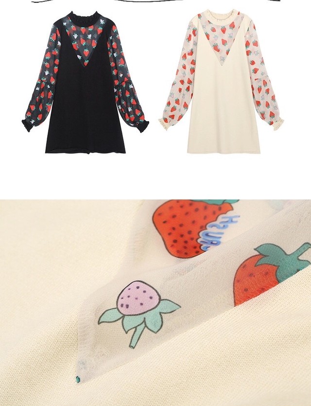 2カラー ブラック ホワイト ニット 黒 白 ワンピース いちご フルーツ ストロベリー ニット ガーリー フリル Loveysmileshop