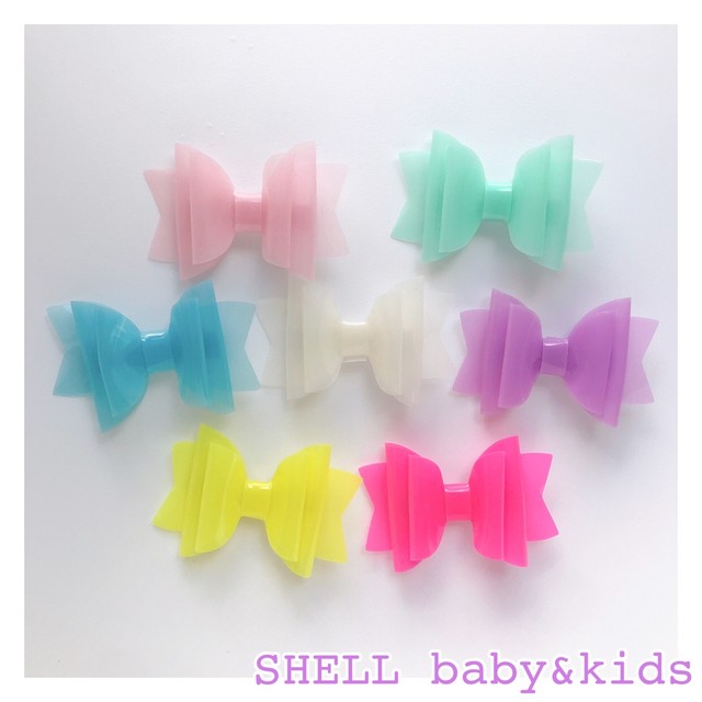 即納 クリアリボンクリップ ビニール素材 ネオンカラー 女の子 ヘアアクセサリー 夏アクセ Shell Baby Kids