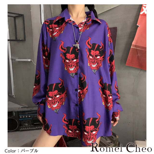 Romelcheo 鬼柄シャツ 総柄 長袖 オーバーサイズ ゆったり パンク ロック ロリパン ゴスパン ダンス ストリート スケーター バンド 個性派 レディース メンズ ユニセックス 韓国 青文字系 原宿系 モード ファッション カジュアル ロメルチェオ Romelcheo
