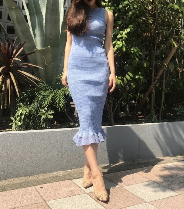 ギンガムチェックマーメイドタイトワンピース ブルー Bellaria