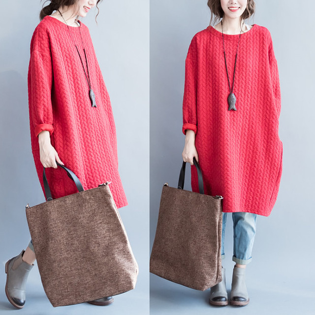 秋冬新作 長袖 クルーネック ミディアム丈ワンピース ゆったり 無地 秋物 秋ワンピース 秋冬 お出かけ 日常 カジュアル 大きいサイズ 30代 40代 50代 韓国レディース キッズファッション Londonbridge ロンドンブリッジ