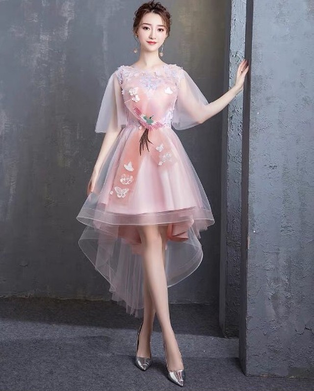 高品質 パーティードレス ピンク フィッシュテール 可愛い ファスナー 細見えシルエット Cinderelladress