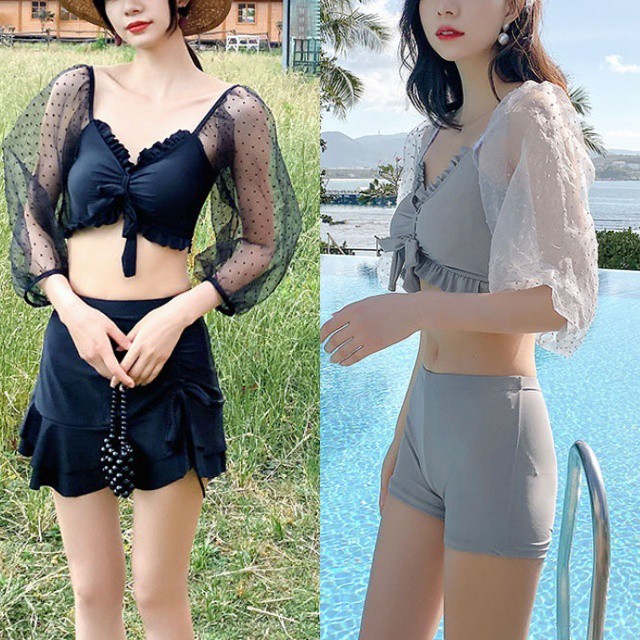 水着 セパレート 水着 タンキニ ドッドレース 透け感 フリル 袖付き 体型カバー 大人可愛い カジュアル プール ビーチ 海 夏 O P